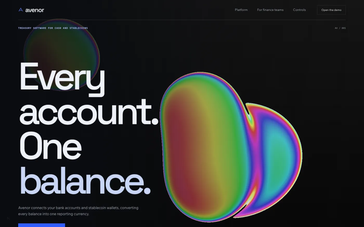 The Avenor site: bold white type beside an iridescent liquid metal form on near-black