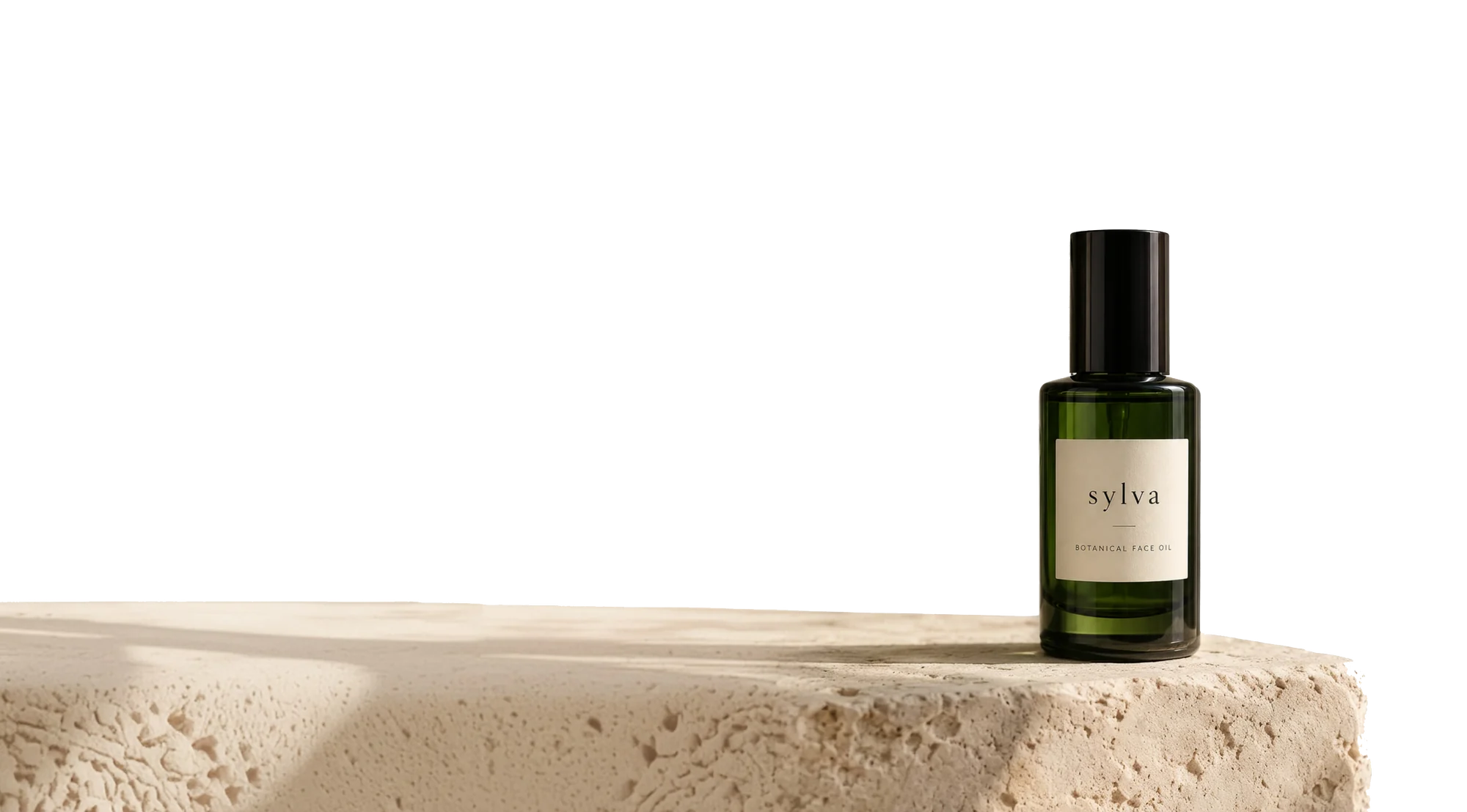 A green glass bottle of Sylva botanical face oil standing on a travertine plinth in low side light